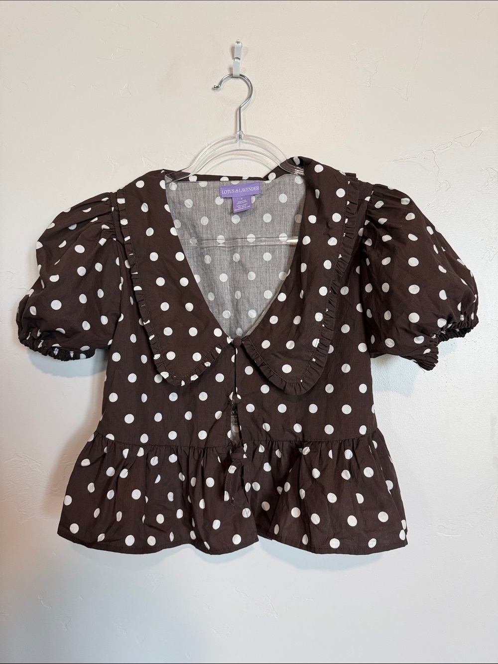 Polka Dot Blouse Cropped Brown Puff Sleeve Top
